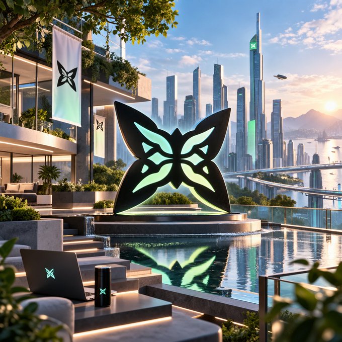 A serene, futuristic lounge overlooks a glowing city skyline, with a large illuminated butterfly-shaped logo prominently displayed beside a laptop bearing a matching emblem—visually echoing Quip Network's blend of calm innovation and tech-forward design. The luxurious setting and tranquil atmosphere suggest the brand's understated, research-driven evolution beyond mainstream hype.