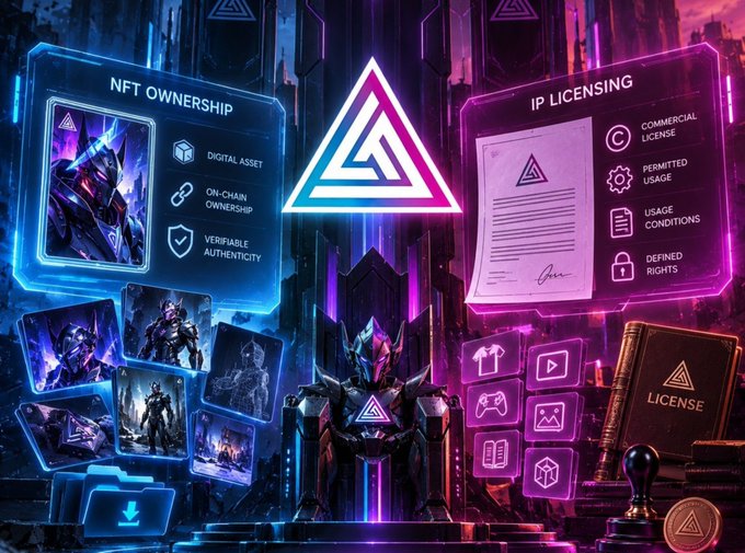 A futuristic graphic illustrating NFT ownership and IP licensing concepts, featuring digital asset cards, a holographic armored figure, and license documentation with neon blue and pink lighting.