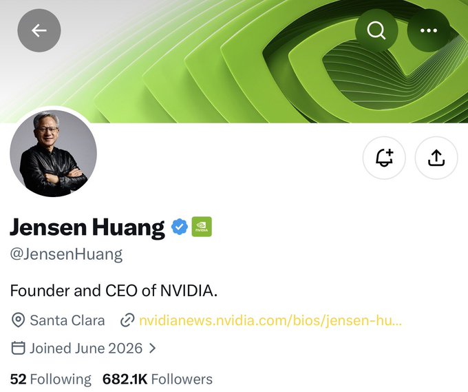 Twitter/X profile for Jensen Huang (@JensenHua... due to truncation), Founder and CEO of NVIDIA, with 682.1K followers, joined June 2026, based in Santa Clara.