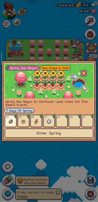 Screenshot from a mobile farming game showing a 'Spring Has Begun' event banner and an 'Enter Spring' button with a 7-day reward calendar.