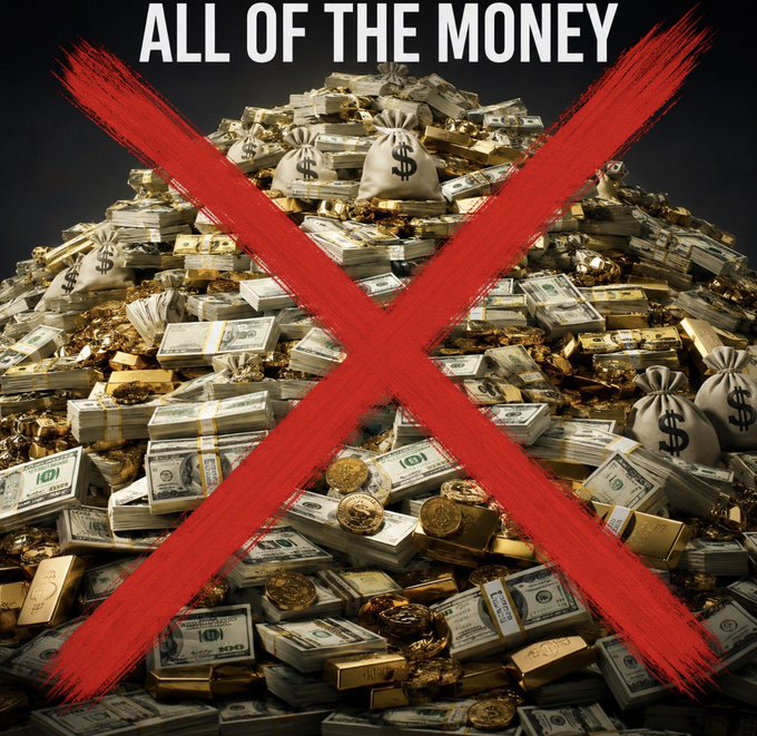 The image shows a massive pile of cash, gold coins, and money bags marked with dollar signs, with a large red "X" drawn across it and the bold text "ALL OF THE MONEY" displayed at the top. This visual metaphor of crossed-out wealth directly illustrates the post's debate about reserves causing friction and the broader economic question of whether users would need to stake away significant capital simply to participate in the network's sponsorship functionality.