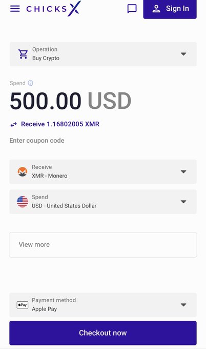 A CHICKSX cryptocurrency exchange interface showing a buy crypto operation to spend 500.00 USD and receive 1.16802005 XMR (Monero), with Apple Pay selected as the payment method.