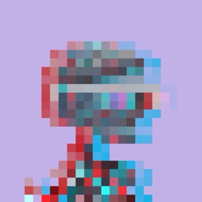 A pixelated digital artwork of a character with colorful squares forming their features against a light purple background.