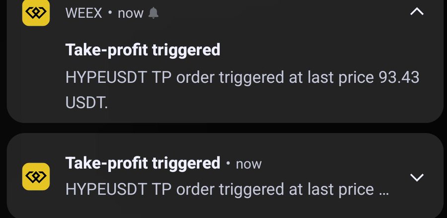 Mobile notifications from WEEX exchange showing 'Take-profit triggered' alerts for HYPEUSDT TP orders executed at prices around 93.43 USDT.