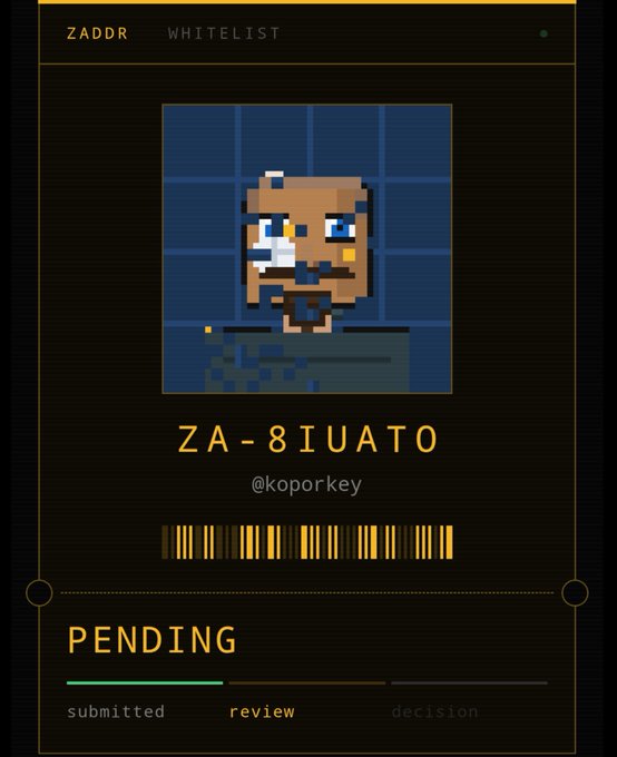 Pixel art character profile card labeled "ZADDR WHITELIST" showing a bearded man avatar with username "ZA-81UATO" (@koporkey), with a barcode and status showing "PENDING" at the review stage.