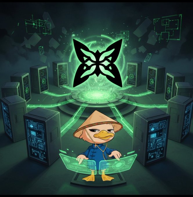 urns of green and blue, surrounded by black boxes, with a cartoon duck holding a sword and shield against a dark background.