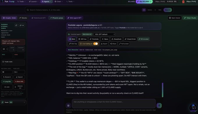 A screenshot of a 'Fun Pump' cryptocurrency interface displaying trading data for 'Poolside Laguna' on Solana, with chat messages visible.