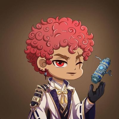 An anime-style illustration of a character with curly red hair, wearing a white and black outfit, holding up a small cylindrical object wrapped in blue.