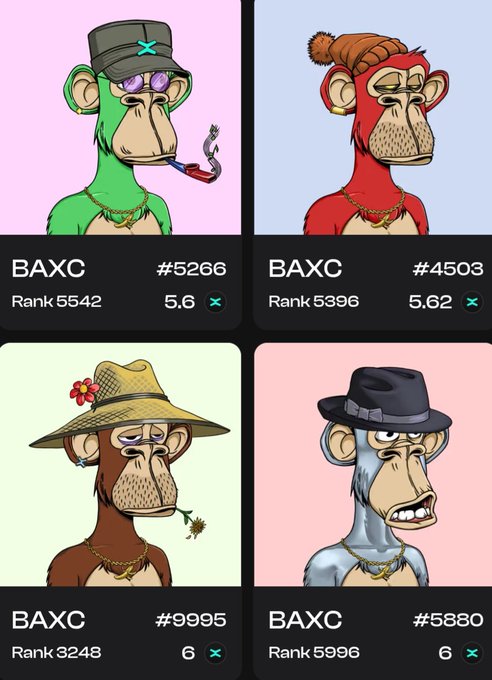 Four Bored Ape-style BAXC NFT profiles are displayed in a 2x2 grid, featuring variations like a green ape with sunglasses smoking, a red ape in a beanie, a brown ape in a straw hat holding a flower, and a blue ape in a fedora, all wearing gold chain necklaces with ranks ranging from 3248 to 5996. The image showcases the evolving BAXC collection on MultiversX (xoxno.com), aligning with the tweet highlighting growth at BananaNecklace.