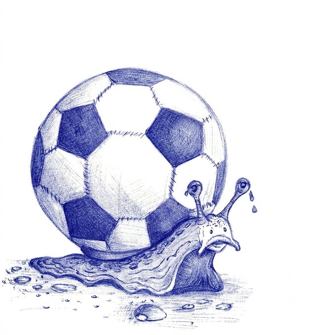 A blue ink ballpoint drawing of a smiling snail carrying a soccer ball on its shell.