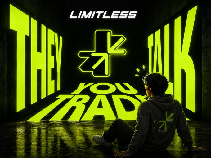 A promotional image for 'LIMITLESS' featuring a person sitting on the floor in a dark room, surrounded by glowing neon yellow text that reads 'THEY TALK YOU TRADE' alongside the Limitless logo.