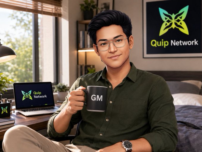 A young man with glasses sits in a bedroom holding a 'GM' coffee mug, with a laptop and wall art displaying the 'Quip Network' butterfly logo.