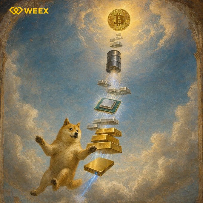 A Shiba Inu-like dog leaps joyfully toward a floating cascade of gold bars, a Bitcoin, and computer chips falling from a radiant celestial sky, with the "WEEX" logo displayed in the top corner — visually embodying the tagline "One WEEX, All Markets" by suggesting a single platform where diverse crypto and trading assets descend together.