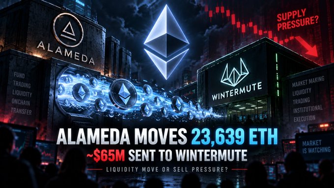 A graphic depicting Alameda moving 23,639 ETH (~$65M) to Wintermute, with text questioning 'Supply Pressure?', 'Liquidity Move or Sell Pressure?', and showing logos for Alameda, Wintermute, and Ethereum.