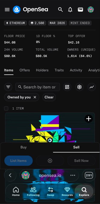 A mobile screenshot of the OpenSea NFT marketplace on the Ethereum network, showing a floor price of 0.748 ETH, 24H volume of $80.4K, and 1,614 unique owners, with options to Buy or List Items.