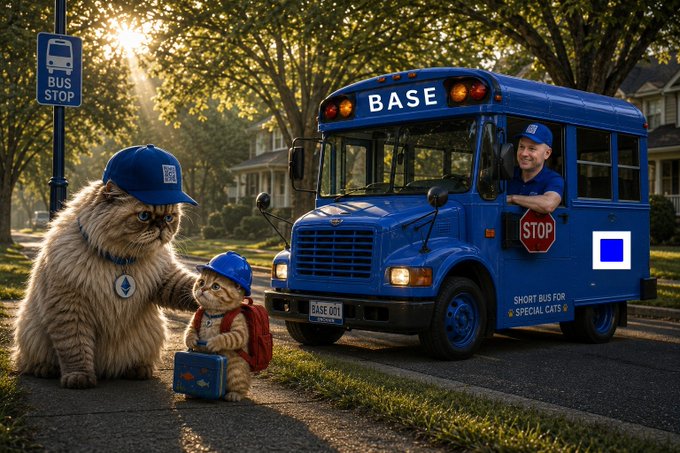 A whimsical scene shows two cats wearing blue caps waiting at a bus stop as a blue 'BASE' school bus labeled 'SHORT-BUS FOR SPECIAL CATS' approaches, driven by a man in a blue uniform.