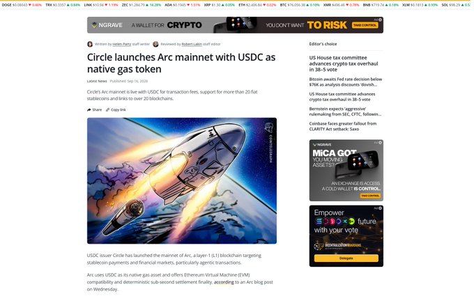 A CoinDesk article titled 'Circle launches Arc mainnet with USDC as native gas token', accompanied by an illustration of a rocket ship and various crypto price tickers at the top.