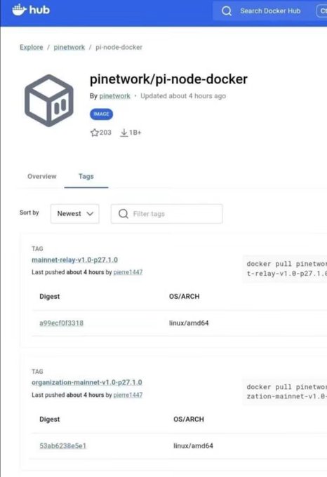 A screenshot of Docker Hub's "pinetwork/pi-node-docker" repository page, showing two image tags: "mainnet-relay-v1.0-p27.1.0" and "organization-mainnet-v1.0-p27.1.0," both pushed about 4 hours ago. This relates to the Pi Network infrastructure being upgraded and updated in preparation for the official network launch and rollout of new features.