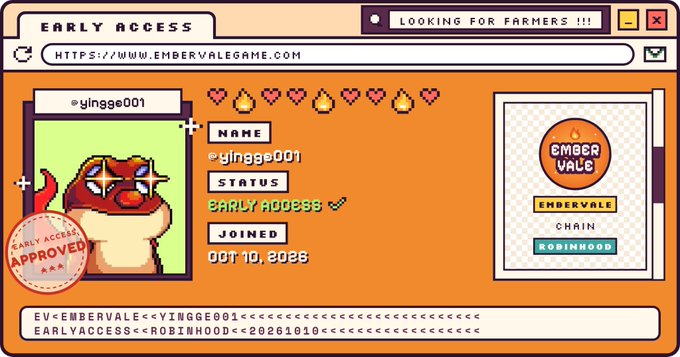 A pixel art profile screen for the game Embervale, showing a character named 'yingge001' with 'EARLY ACCESS APPROVED' status, joined Oct 10, 2028, on the Robinhood chain, with the URL https://www.embervalegame.com displayed.