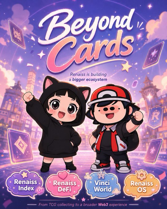 A vibrant promotional graphic titled 'Beyond Cards,' showing two chibi-style characters (one in a cat hoodie, one in a red cap) with text 'Renaiss is building a bigger ecosystem' and four icons: Renaiss Index, Renaiss DeFi, Vinci World, and Renaiss OS.