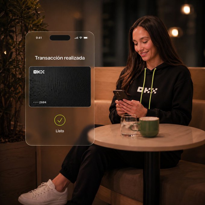 Lifestyle photo of a smiling woman in a black OKX hoodie sitting at a café table using her phone, with a translucent overlay showing a "Transacción realizada" (Transaction completed) confirmation screen featuring the OKX card.