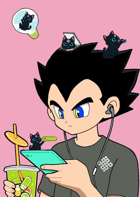 A cartoon illustration of a black-haired character with yellow and blue eyes, wearing earphones and holding a phone and a drink, with small black cats scattered around against a pink background.