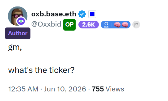 The image shows a social media post with a caption that reads, "What's the ticker?" The post also includes an image of a person wearing sunglasses and a hat. The caption asks about a token coming soon, possibly related to the base token.