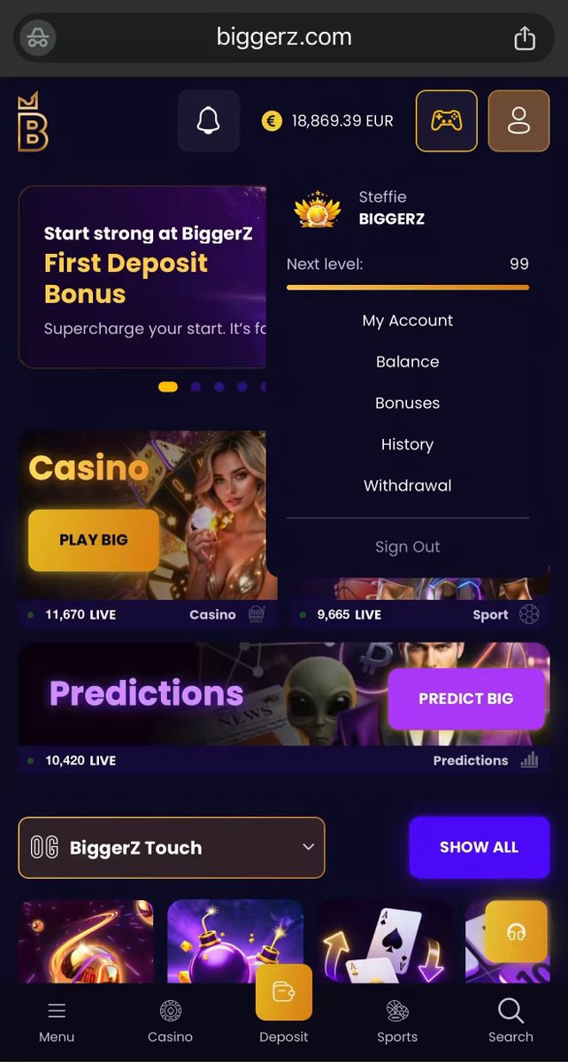 The image shows a smartphone screen displaying a casino app with various game options. One of the games featured is poker, which has a "Biggerz Touch" option that allows players to interact with the game using their fingers or a stylus. The app also offers a "Sign Out" feature for users who want to leave their account information and personal details securely stored on the app. Additionally, there are options for playing different games like poker, blackjack, roulette, and slot machines.