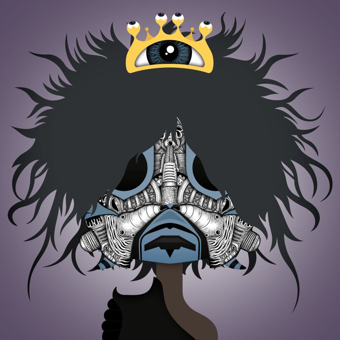 A stylized digital illustration features a dark figure with a wild afro wearing a yellow crown topped with eyes and an ornate blue and silver mask.