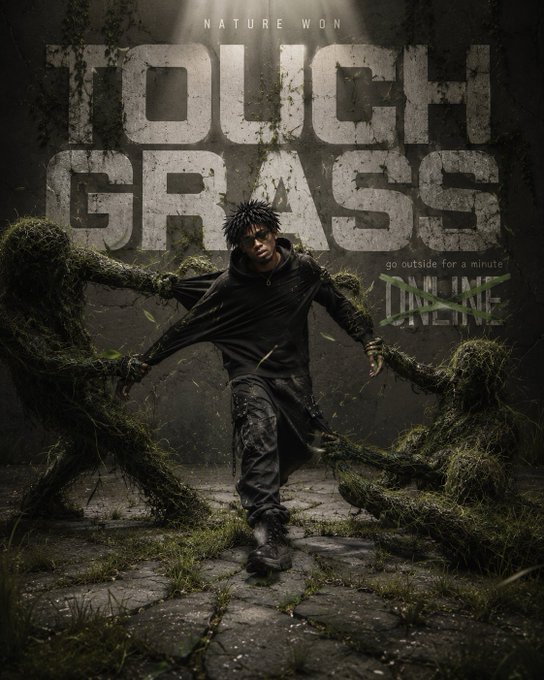 The image features a man standing in front of a poster for "Touch Grass" by a rapper, with the text "Nature Mon Touch Grass" written above him. The poster also includes a picture of a person holding up a plant or tree branch as part of the "Touch Grass" theme. The background is dark and has some green plants visible, which could be related to the concept of touching grass in the context of the song.