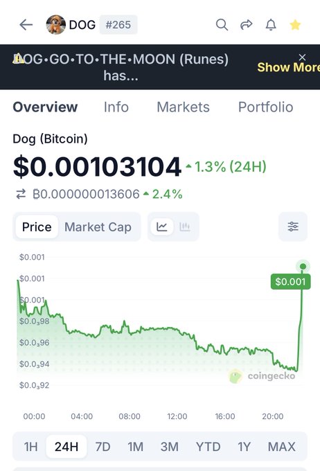 A CoinGecko price page for DOG (Dog Bitcoin) showing the token at $0.00103104, up 1.3% in 24H, with a price chart displaying values ranging from approximately $0.001 down to $0.92.