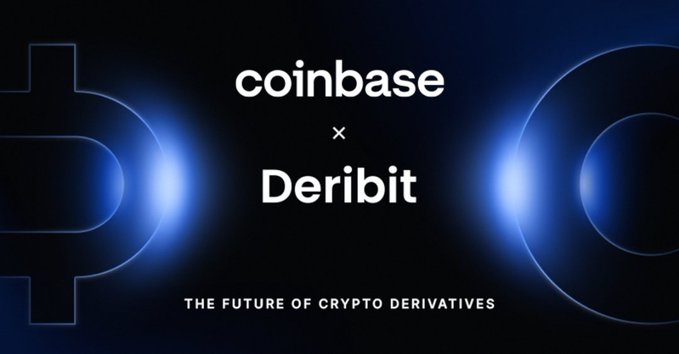 A dark blue promotional graphic with the text 'coinbase x Deribit' and 'THE FUTURE OF CRYPTO DERIVATIVES' illuminated by a bright central light.