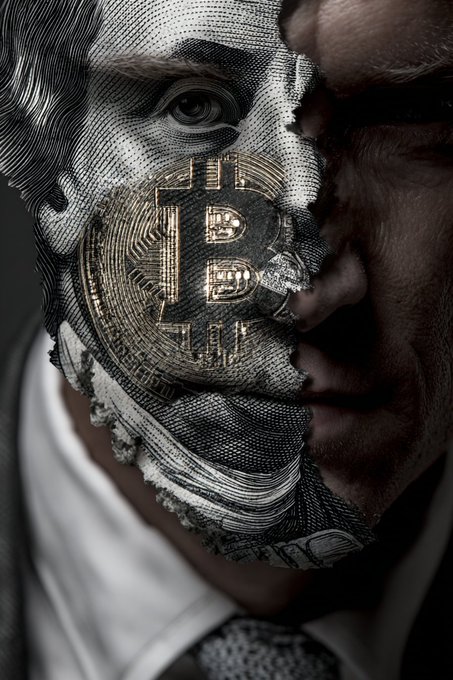 A portrait of George Washington, his face half-rendered as shredded currency bearing a Bitcoin emblem, symbolizes the convergence of American legacy and digital currency, echoing the post's message about the U.S.'s 250-year milestone coinciding with Bitcoin's bullish technical signals and a defended $58K support level.
