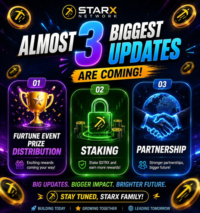 A vibrant promotional graphic from StarX Network announcing "Almost 3 Biggest Updates Are Coming," featuring stylized panels for the Fortune Event Prize Distribution (Update 01), Staking (Update 02), and New Partnerships (Update 03), with the StarX logo and $STRX branding throughout to build hype for the community.