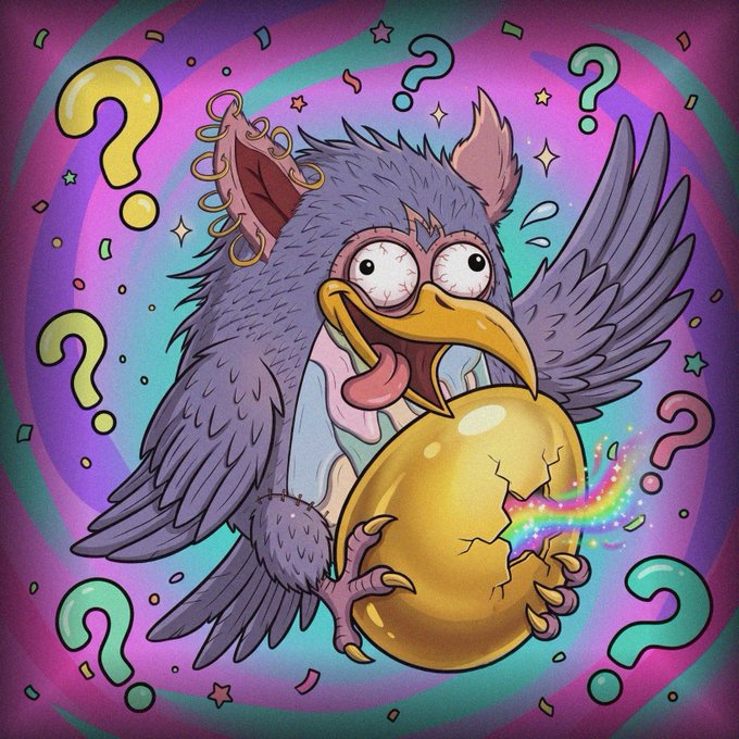 A cartoon griffin with wide, frantic eyes holds a cracked golden egg that emits a rainbow beam, surrounded by floating question marks against a swirling purple and teal background. The cracked "egg" directly reinforces the "$EGGHOOD" clue, symbolizing the mystery of what will hatch after the mint while the question marks mirror the post's teasing "What comes after will separate the holders from the rest."