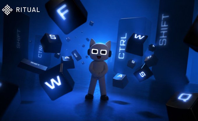 A 3D-rendered cat character wearing VR-style glasses stands amid floating oversized keyboard keys (W, A, S, D, CTRL, SHIFT, F) in a blue-lit scene, with the 'RITUAL' logo in the top-left corner.