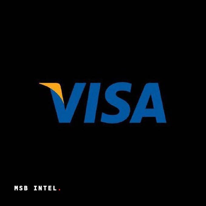 The Visa logo is displayed in blue and orange on a black background, with "MSB INTEL." in small white text in the bottom left corner. The image visually reinforces the post's breaking news about Visa's stablecoin settlement volume reaching a $20 billion annualized run rate, a 15x year-over-year increase, highlighting the company's growing involvement in digital currency infrastructure.