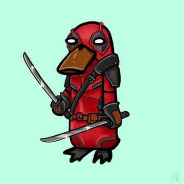 A cartoon illustration of a duck-like character dressed as Deadpool in a red and black suit, wielding two swords against a mint green background.