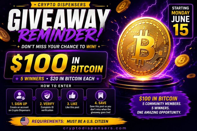 The image shows a digital advertisement promoting a cryptocurrency giveaway. The poster is primarily focused on a gold coin with an intricate design, surrounded by purple and gold sparks against a dark background. A purple banner reads "Crypto Dispensers" above the gold coin. Below the main coin figure, there's a list of instructions for participating in the contest, indicating that 100 Bitcoins will be awarded to five winners. The poster is accompanied by text below that states "The countdown is on. Our Bitcoin giveaway starts soon. The Crypto Dispensers community gives away 100 Bitcoin rewards  5 winners selected $20 each How to participate: Follow our socials Sign up for a Crypto".
