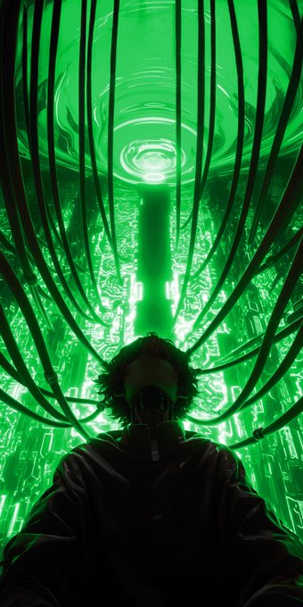 A figure wearing a gas mask stands beneath a glowing green portal of cascading cables, evoking themes of dystopian transformation. The image visually echoes the post's metaphor of breaking free from rigid, fixed architecture—suggesting an escape from a single, suffocating system into an evolving, fluid onchain future powered by CNPY Network's adaptable stack.