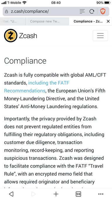 A mobile screenshot of the Zcash website's compliance page, stating Zcash is fully compatible with global AML/CFT standards, including FATF Recommendations, the EU's Fifth Money-Laundering Directive, and US AML regulations.