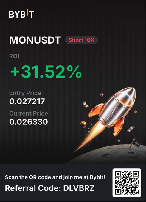 A Bybit trading performance graphic showing a short position on MONUSDT (10X leverage) with a +31.52% ROI, featuring an entry price of 0.027217 and current price of 0.026330 alongside a rocket illustration launching from the moon. The image reinforces the post's message of a profitable overnight short trade on the MON/USDT pair, highlighting the gains with vibrant green text and a promotional QR code with referral code DLVBRZ.