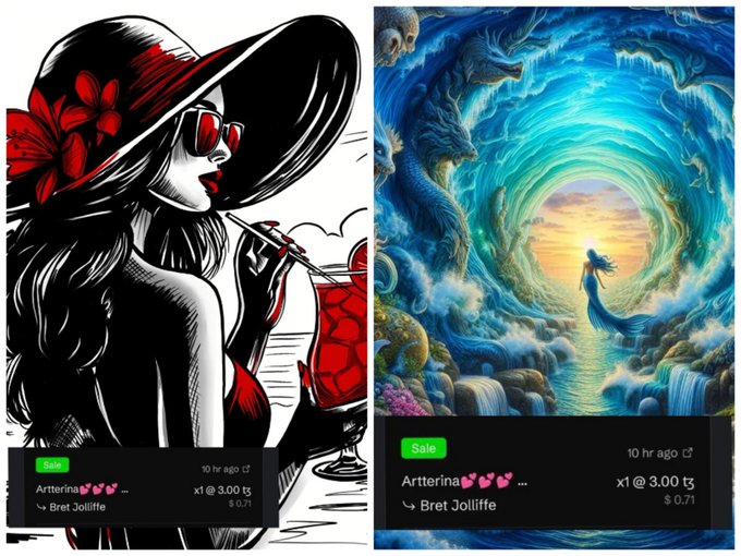 Two digital artworks are displayed for sale by 'Artterina' with prices in cryptocurrency (1 @ 3.00 ts = $0.71), featuring Bret Jolliffe: a woman in a black wide-brimmed hat with red accents and an underwater tunnel scene with a mermaid.