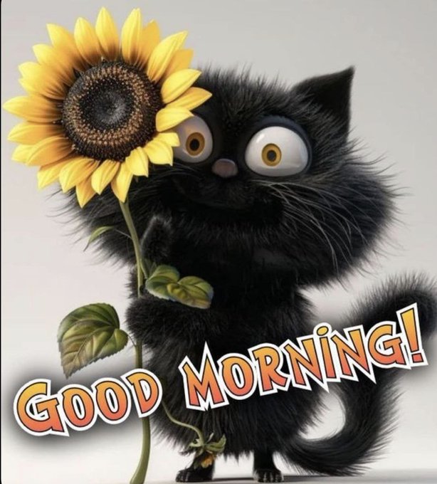 A cartoon illustration of a fluffy black kitten with big yellow eyes holding a large yellow sunflower, with the text 'GOOD MORNING!' displayed in orange gradient letters at the bottom.