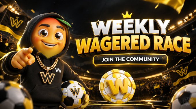 A promotional graphic featuring a smiling cartoon character in a black hoodie with a gold 'W' chain, holding a soccer ball, alongside bold text reading 'WEEKLY WAGERED RACE' and a 'JOIN THE COMMUNITY' button.