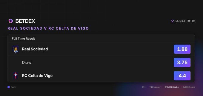 A 'BETDEX' betting interface displays odds for a 'REAL SOCIEDAD V RC CELTA DE VIGO' match in 'LA LIGA', with Real Sociedad at 1.88, Draw at 3.75, and RC Celta de Vigo at 4.4.