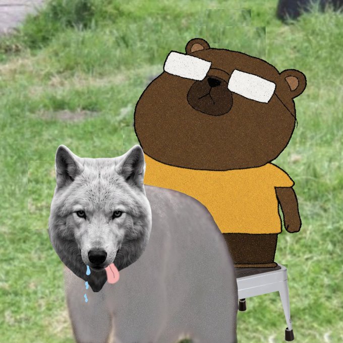 A cartoon bear in sunglasses and a yellow shirt sits on a stool next to a realistic wolf with its tongue out, standing in a grassy area. The image matches the caption's "two wolves" meme format, with the bear likely representing the inner "you" while the drooling wolf symbolizes "DaBeeKeepa" making sweet honey.