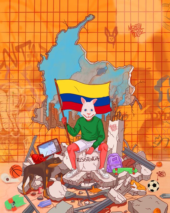 An illustration featuring a white rat character with clown makeup, wearing a green shirt and white shorts, sitting on rubble holding a Colombian flag; visible text includes 'RESISTENCIA' and 'NERTHWORKS'.