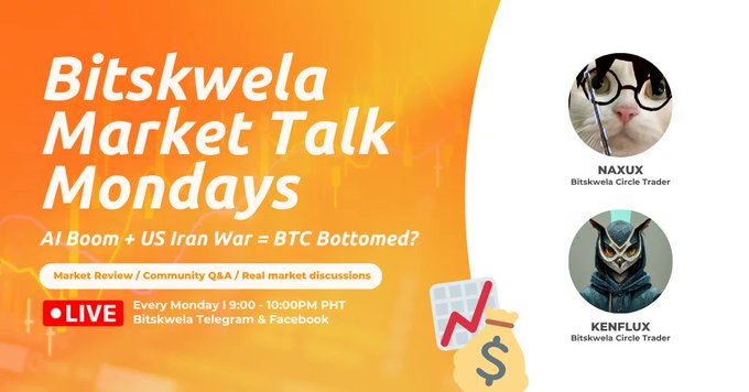 The image displays a poster promoting Bitcoin Talk Monday's event with three Bitcoin icons on it. The text on the poster reads "Bitswela Market Talk Mondays", and there are several images placed next to the text, including one of Bitcoins worth $59k being sold in the market and an illustration featuring an owl wearing glasses. The poster encourages people to join for a live Bitcoin Talk Monday where they can learn about the cryptocurrency and its value trends.