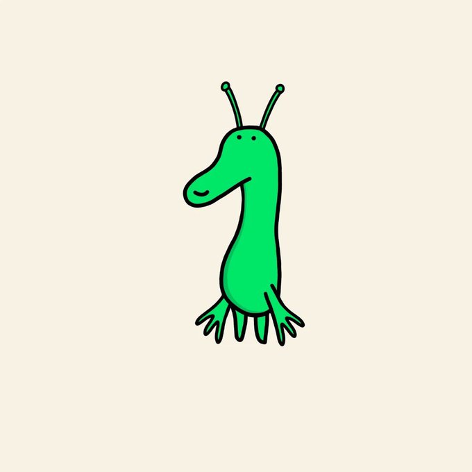 A simple cartoon illustration of a green alien-like creature with antennae and multiple legs against a cream background.